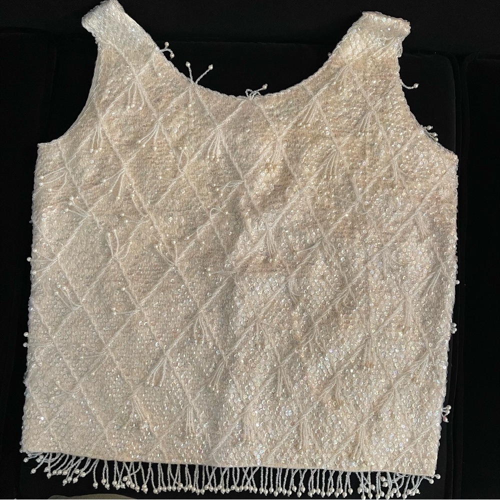 Made In Hong Kong Vtg* Beaded Sequin Tank Top - White.  Womens: Large.